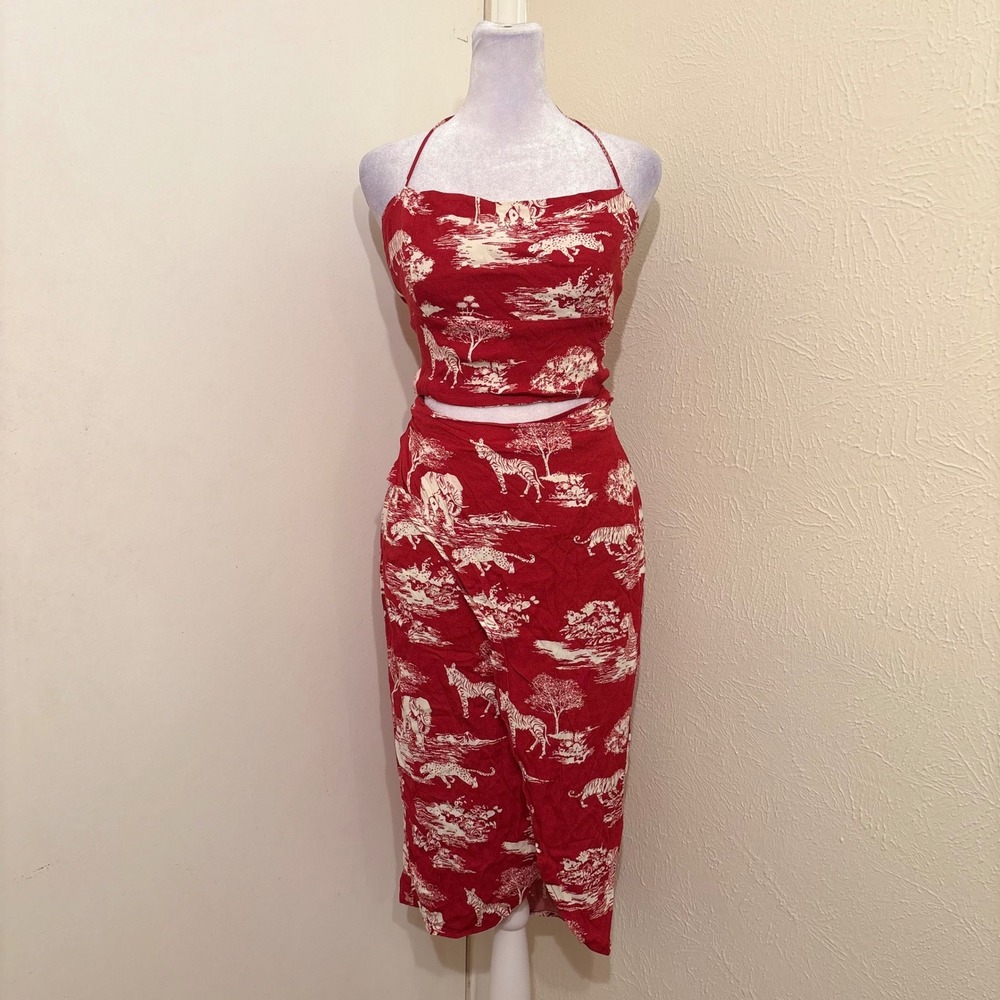 Reformation Red Safari Toile Halter Wrap Midi Dress Size 8 Cutout Africa Retro - Picture 2 of 7